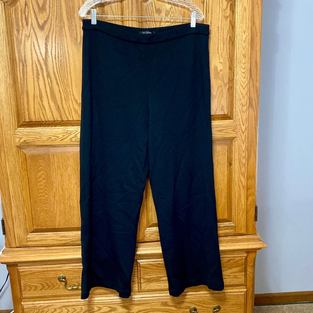 St. John Basics Black Santana Knit Crop Wide Leg Pants Wool Blend Large L 12 14